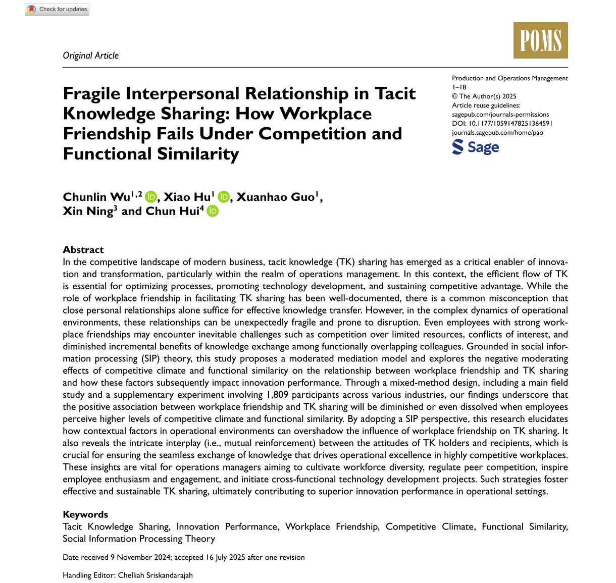 Beihang SEM Associate Professor Chunlin Wu Publishes Major Research Breakthrough in UTD 24 Top Journal